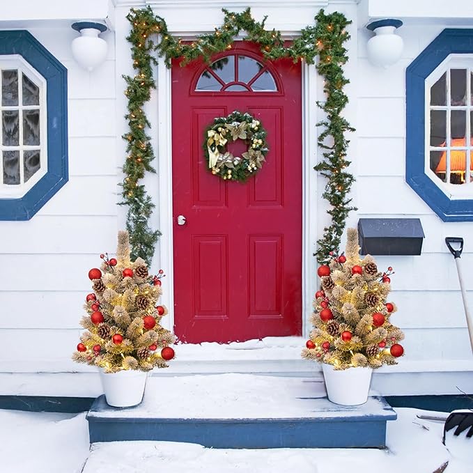 24'' Mini Artificial Christmas Tree with LED Lights Faux Pine Cones and Berrys Pre-Lit Snow Flocked Xmas White Trees Christmas Porch Decorations Small Fake Trees for Outdoor Home Yard - Set of 2