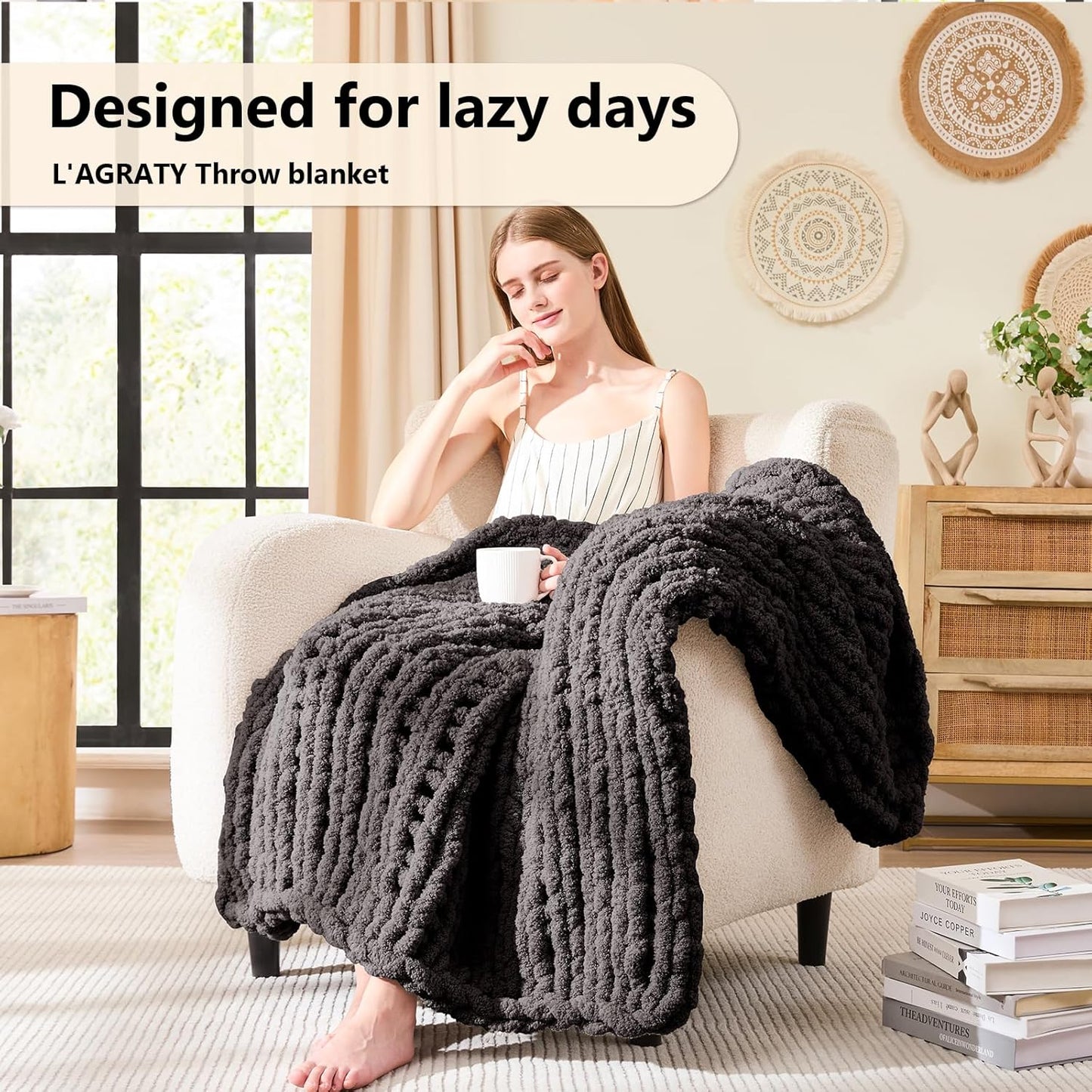 L'AGRATY Chunky Knit Blanket Throw - Soft Throw Blanket 40x50: 100% Hand Kintted Chenile Crochet Throw Blanket for Couch - Large Cable Knit Blanket for Home Decor (Dark Grey)