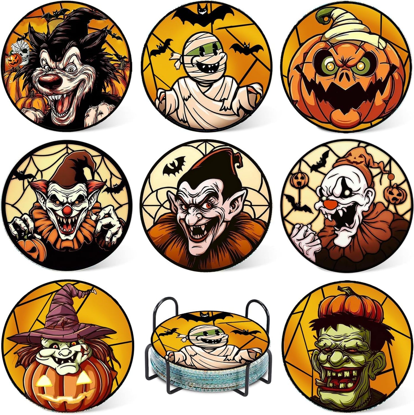 DOTSOPS Halloween Diamond Painting Coaster Set with Holder Diamond Art Kits for Adults Beginners and Kids Birthday Craft Supplies Party Fesstival Decor Set of 8