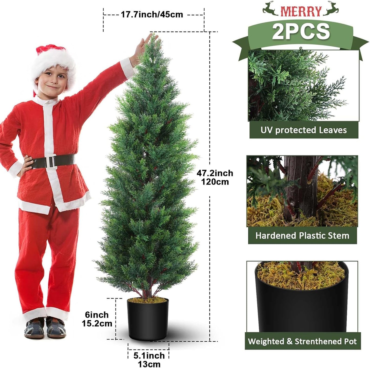 Hananona 2 Pcs 4 Ft Artificial Topiary Cedar Trees, Outdoor Faux Pine Shrubs, Realistic Fake Greenery Plants UV Resistant Cypress Trees for Christmas Porch Front Door Decor (2, Green, 4 Ft)