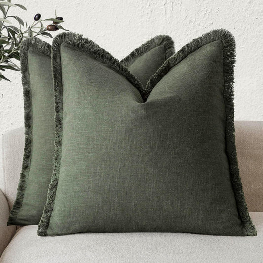 Foindtower Set of 2 Decorative Linen Fringe Throw Pillow Covers Cozy Farmhouse Cushion Cover with Tassels Accent Pillowcase for Couch Chair Sofa Bed Living Room Home Decor,22×22 Inch,Dark Olive Green