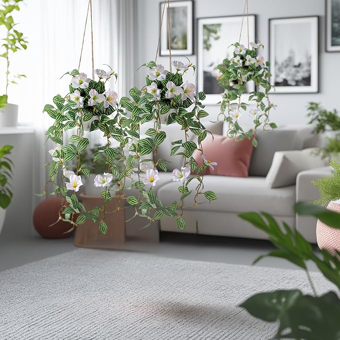 2PCS Artificial Hanging Plant with Pot Faux Hanging Plants Small Hanging Plants Pot with Artificial Vines and Flower Greenery Decoration for Living Room Wall Home Wall Shelf (Stripe White)