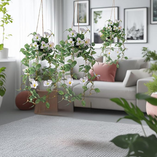 2PCS Artificial Hanging Plant with Pot Faux Hanging Plants Small Hanging Plants Pot with Artificial Vines and Flower Greenery Decoration for Living Room Wall Home Wall Shelf (Stripe White)