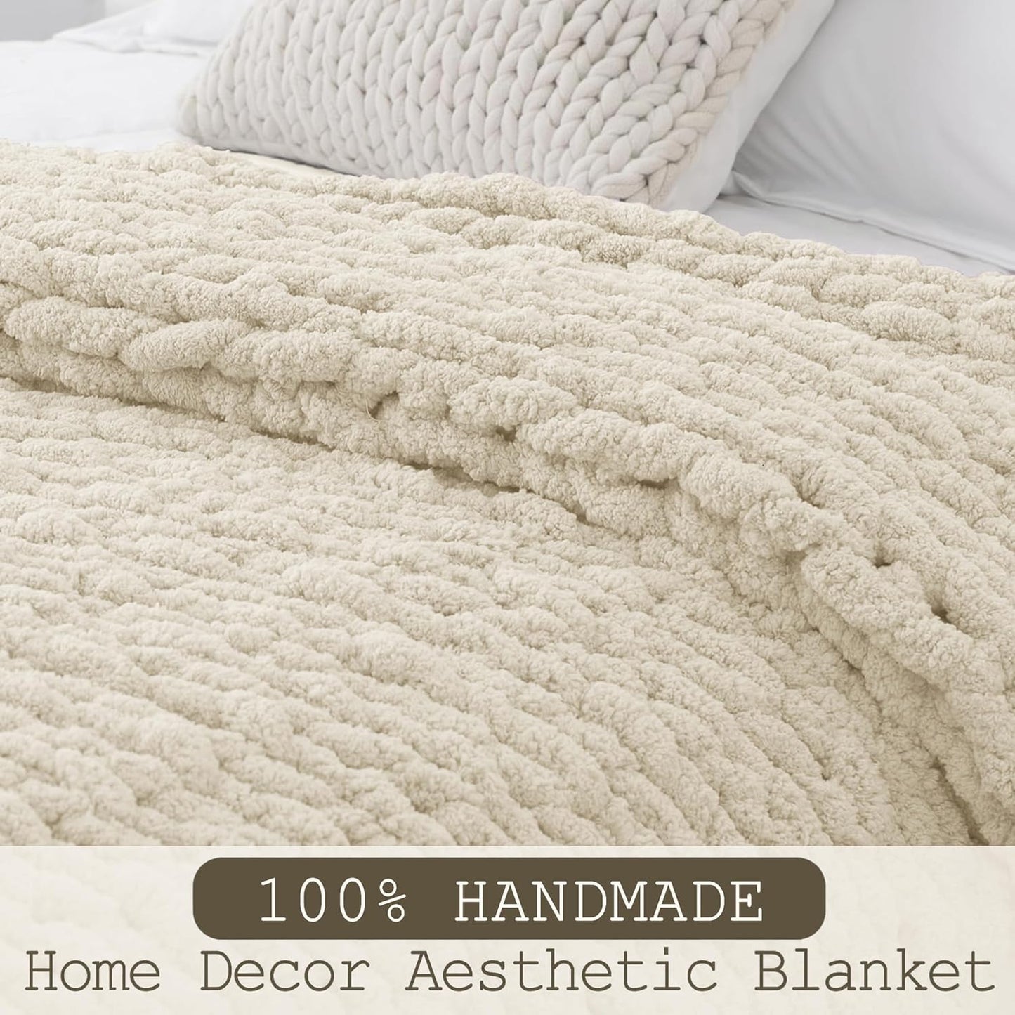 Chunky Knit Throw Blanket 60"X 80", 100% Handmade with Soft Chenille Yarn, 6.7lbs Thick Cable Knitted Blankets, Large Rope Knot Crochet Throws for Couch Sofa Bed Home Decor, Beige