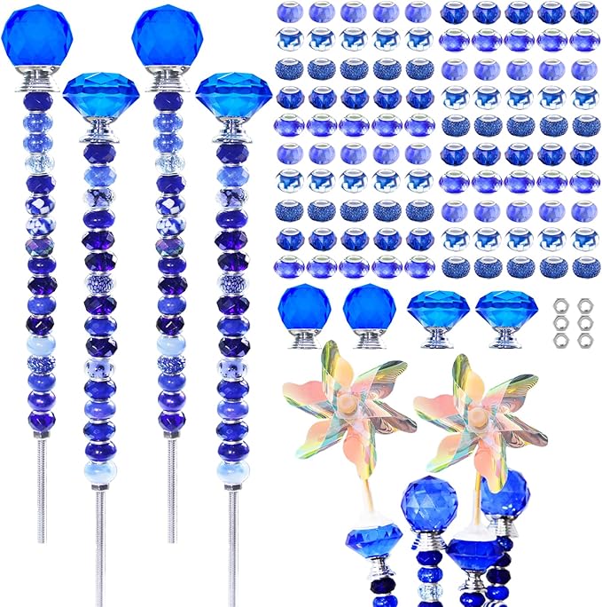 101 PCS Beaded Garden Stakes Kit, DIY Fairy Wand Garden Stake Beads Kits with Dark Blue Large Hole Beads 4 Crystal Stopper Top Threaded Rods and 2 Colored Small Windmills for Outdoor Indoor Decor