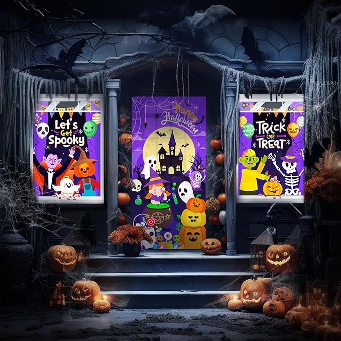 Tioncy 3 Pcs Halloween Window Door Covers Decorations Set Halloween Window Curtains Let's Get Spooky Trick or Treat Skull Pumpkin Ghost Castle Pattern Banner Porch Indoor Outdoor Decoration