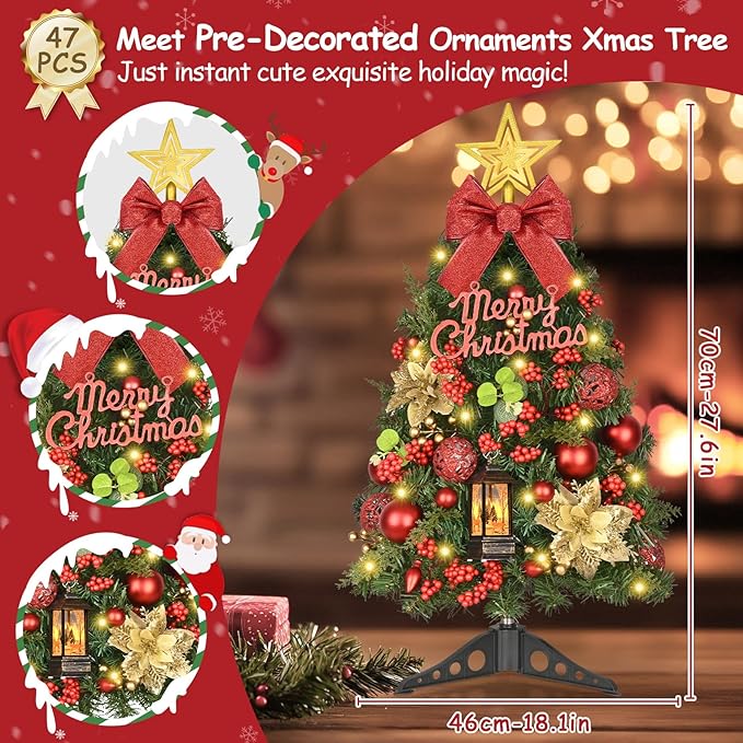 Uspring 2Ft Small Christmas Tree with Lights, Artificial Table Top Christmas Tree with Pre-Decorated Ornaments LED Lights, Mini Xmas Trees with Hanging Snow Globe Lanterns for Indoor Holiday Decor