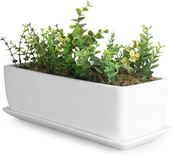 MyGift 14 Inch Ceramic Indoor Plant Pot with Drainage Hole, Rectangular Succulent Planter Window Box with Removable Saucer, Unglazed White