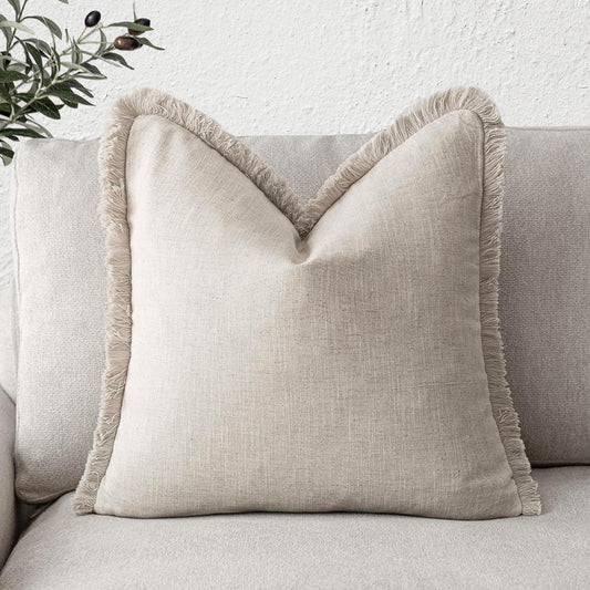 Foindtower Decorative Linen Fringe Throw Pillow Covers Cozy Boho Farmhouse Cushion Cover with Tassels Soft Accent Pillowcase for Chair Sofa Bed Living Room Home Decor, 24×24 Inch, 1PC, Natural Beige