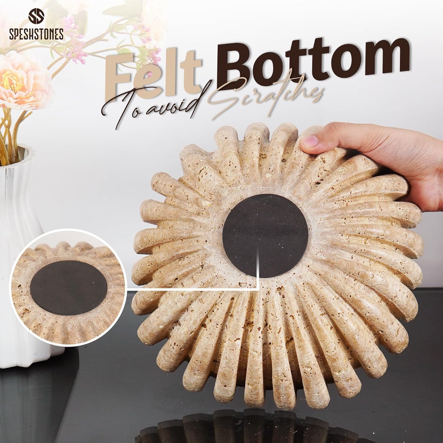 Marble Decorative Bowl 10 Inch Handmade Travertine Fruit Bowl for Kitchen Counter - Large Ruffle & Scalloped Bowls for Dining, Coffee Table Centerpieces & Home Decor