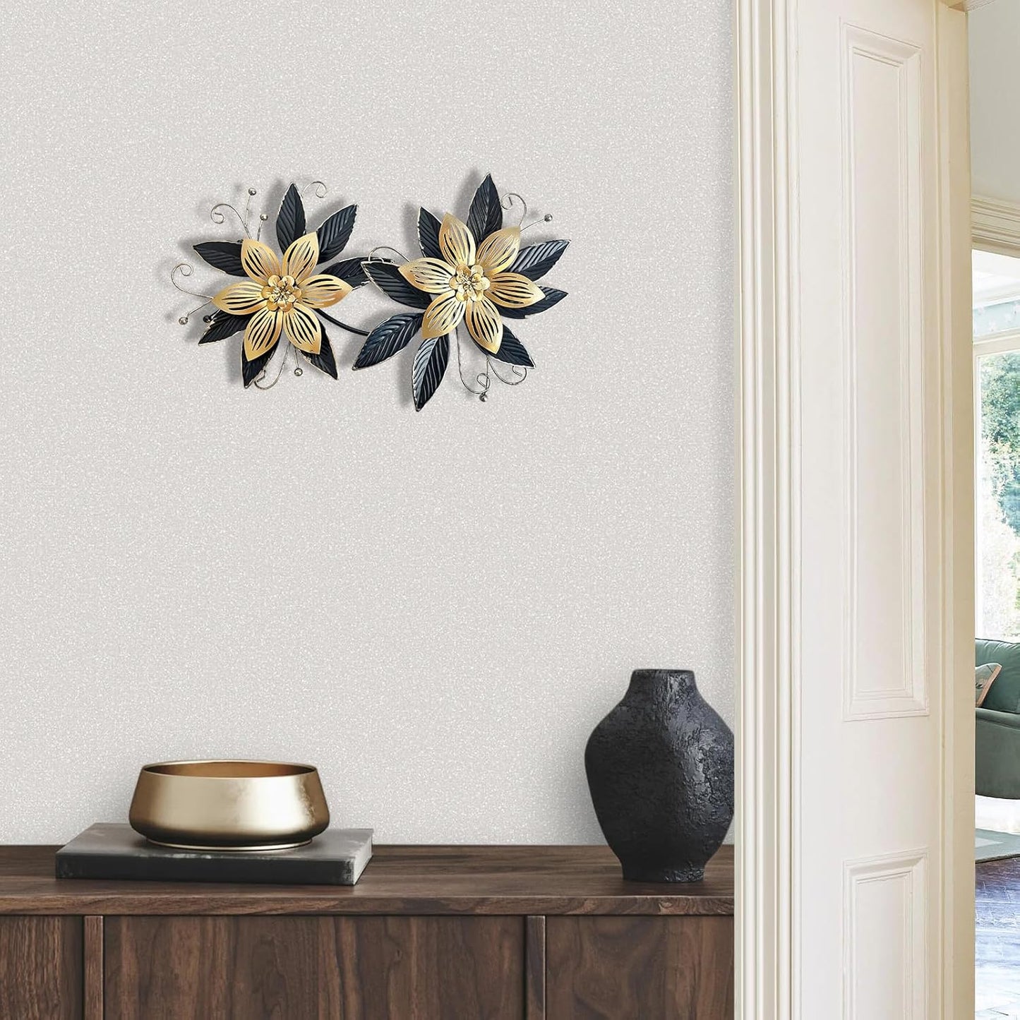 LIFFY Black Gold Metal Flowers Wall Decor,15" 3D Multi-layer Modern Floral Art, Rustic Distressed Hanging Decor for Indoor, Bedroom Living Room Garden Patio, Home Decoration Accent