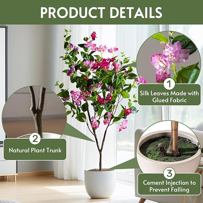 4FT Artificial Bougainvillea Tree Artificial Tree Tall Potted Fake Bougainvillea Trees for Outdoor Indoor Lifelike Potted Faux Plants with Wood Trunk and Flowers Office Wedding Home Decor