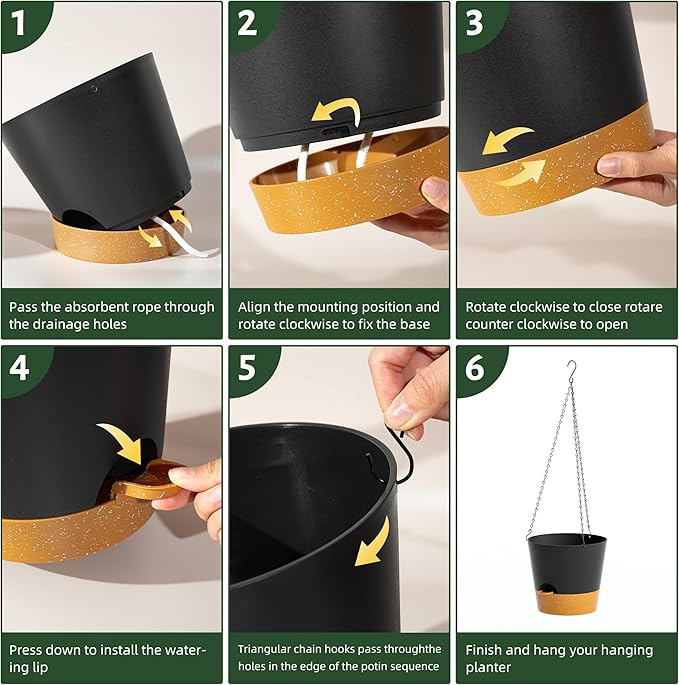 Hanging Planters for Indoor Outdoor Plants, 2 Pack Self Watering Hanging Pot with Drainage Holes and Plant Hangers, Hanging Baskets Flower Pots for Home Garden Decor (Black, 8 inch)