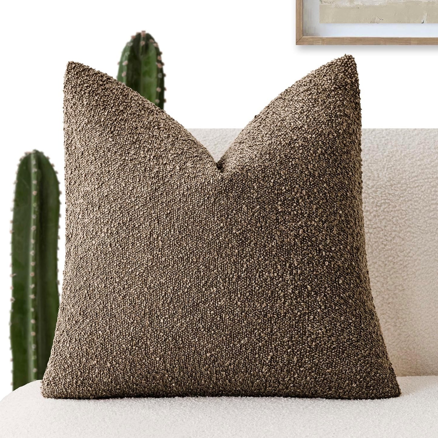 Foindtower Decorative Textured Boucle Throw Pillow Covers Accent Solid Pillow Cases Neutral Soft Cozy Couch Cushion Case for Chair Sofa Bedroom Living Room Home Decor 16x16 Inch,1PC,Light Brown