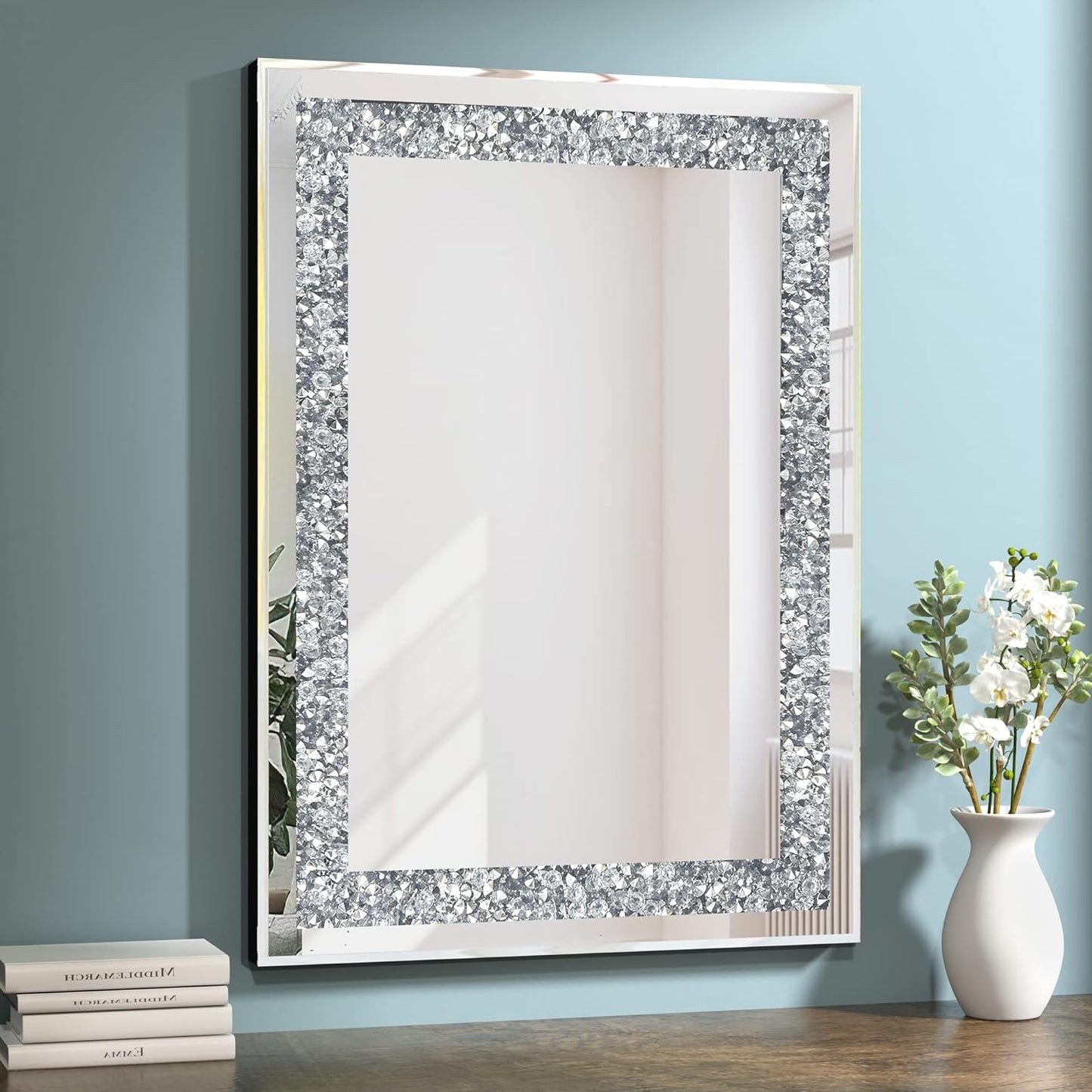 Crystal Decorative Mirror-28 x20 Rectangle Gorgeous Silver Mirror, Crush Diamond Mirror for Wall Decoration Bedroom, Hallway, Dining Room