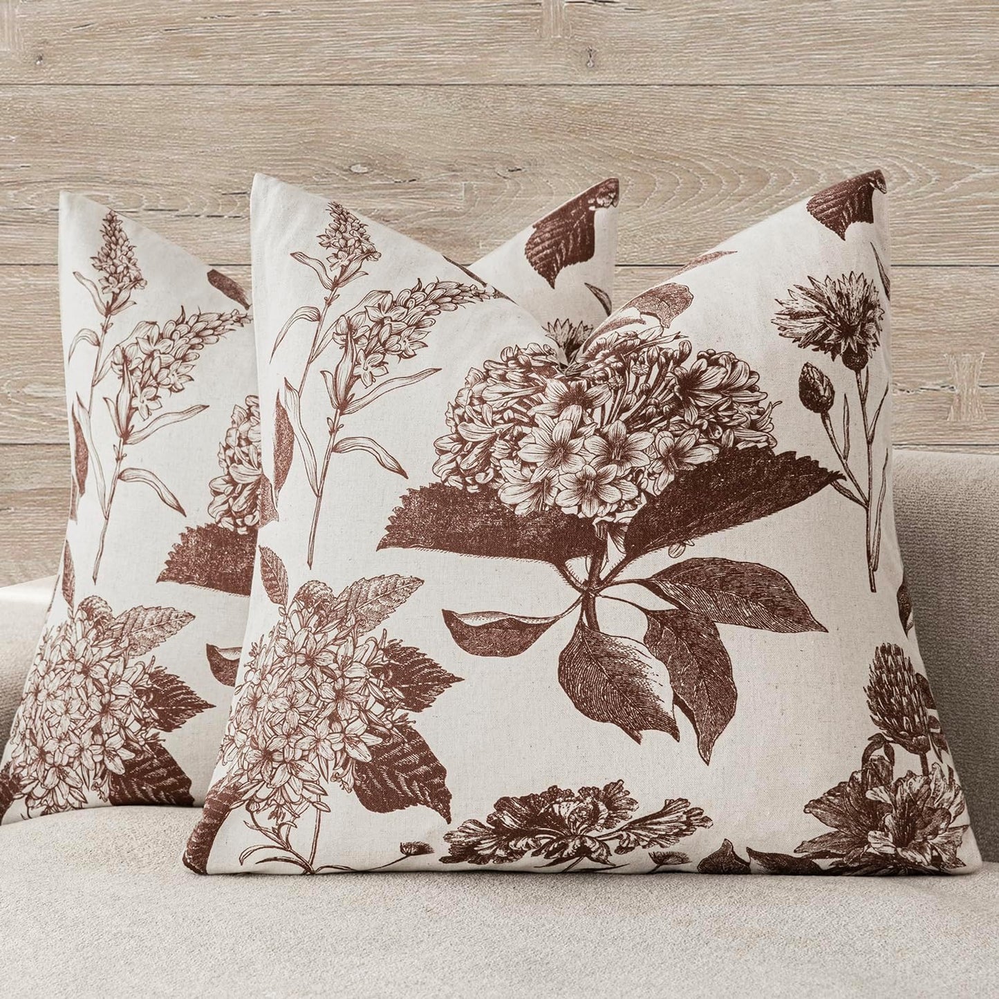Foindtower Set of 2 Linen Floral Throw Pillow Covers Vintage Accent Print Decorative Cushion Covers Farmhouse Boho Home Decor for Sofa Chair Couch Bedroom Living Room,22×22 Inch,Dark Brown