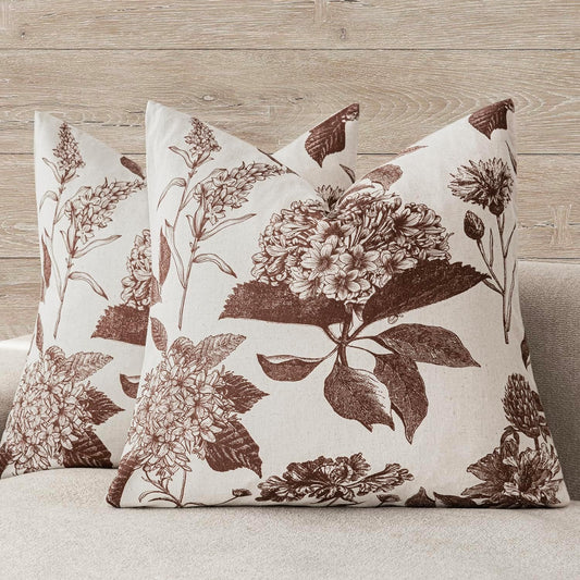 Foindtower Set of 2 Linen Floral Throw Pillow Covers Vintage Accent Print Decorative Cushion Covers Farmhouse Boho Home Decor for Sofa Chair Couch Bedroom Living Room,22×22 Inch,Dark Brown