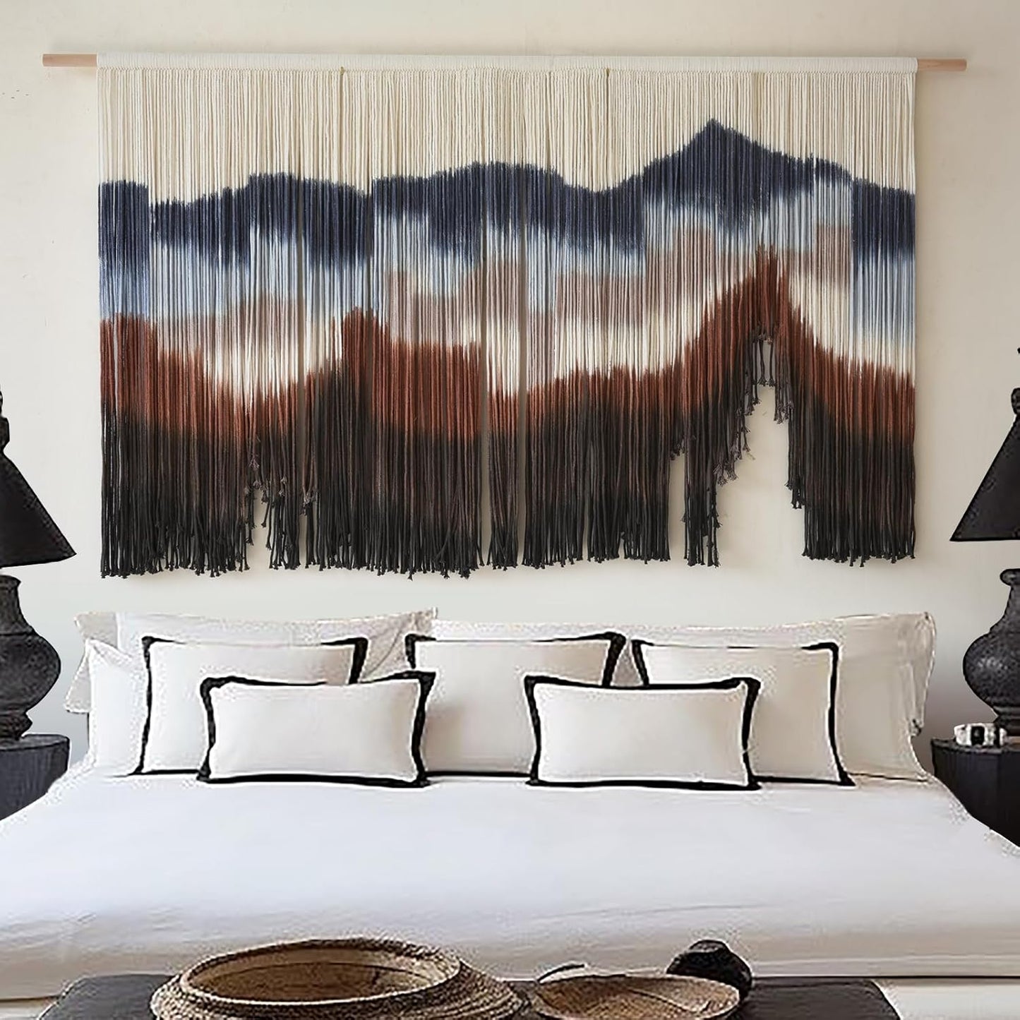 Flber Macrame Wall Hanging Handmade Dip Dye Boho Tapestry for Bedroom, Living Room, Dorm Large Woven Cotton Wall Art Decor, Aesthetic Bohemian Home Decoration 57" Wx35 L