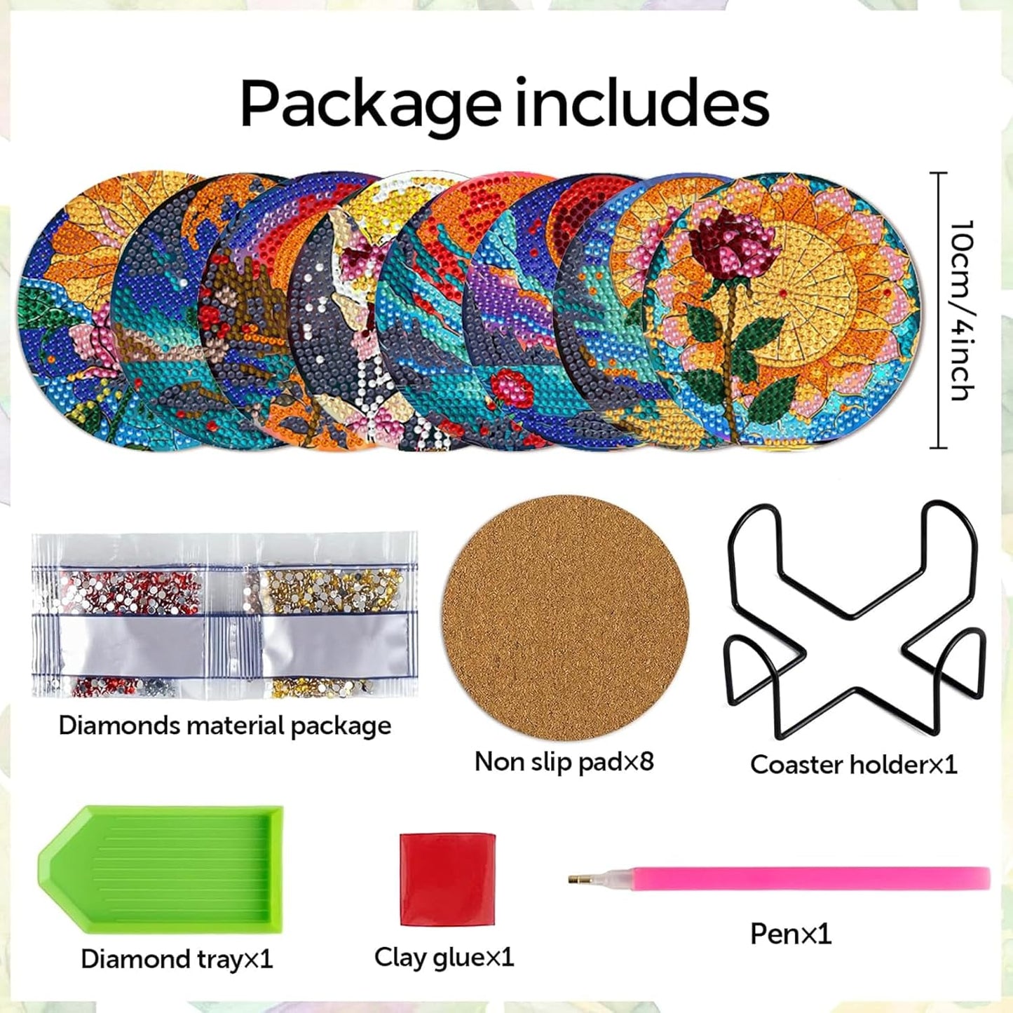 Leatrice Flower Diamond Art Coasters Set of 8, Small Diamond Painting Kits for Adults Beginners Women, Gem Art Coasters with Holder, Funny Arts Supplies for Home Decor