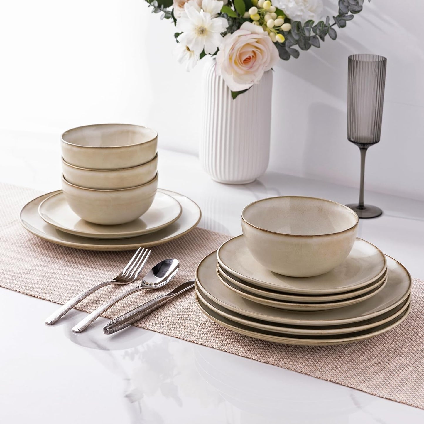 GBHOME Ceramic Dinnerware Sets for 8, 24 Pieces Stoneware Plates and Bowls Sets, Reactive Glaze Dishes -Scratch Resistant, Dishwasher&Microwave Safe-Cappuccino