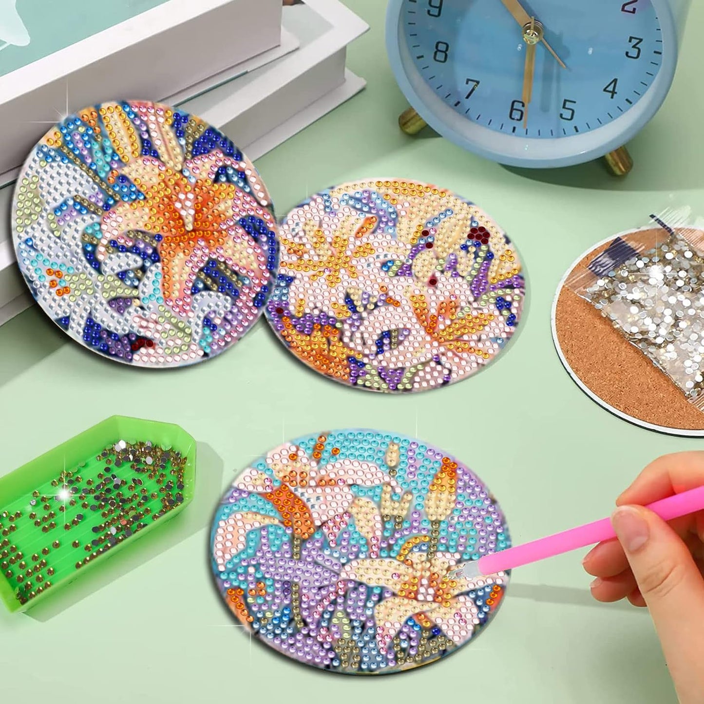 DOTSOPS 8 Pieces Flower Diamond Painting Coasters with Holder - Landscape Diamond Art Coasters with Cork Base for Beginners Adults & Craft Supplies Party