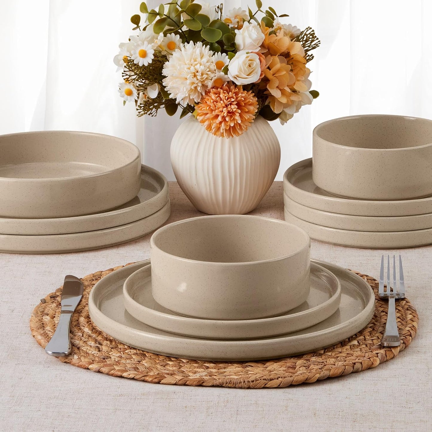 E-far Dinnerware Sets for 8, 24-Piece Stoneware Plates and Bowls Dish Set, Modern Kitchen Dinning Dishware, Chip and Scratch Resistant, Microwave & Dishwasher Safe, Speckled Khaki