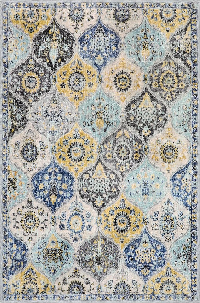 Lahome Moroccan Trellis Kitchen Rugs Non Slip Washable, 2x3 Rugs for Entryway Bathroom, Non-Slip Indoor Door Mat Ultra-Thin, Small Oriental Throw Carpet for Bedroom Entry, Yellow/Aqua