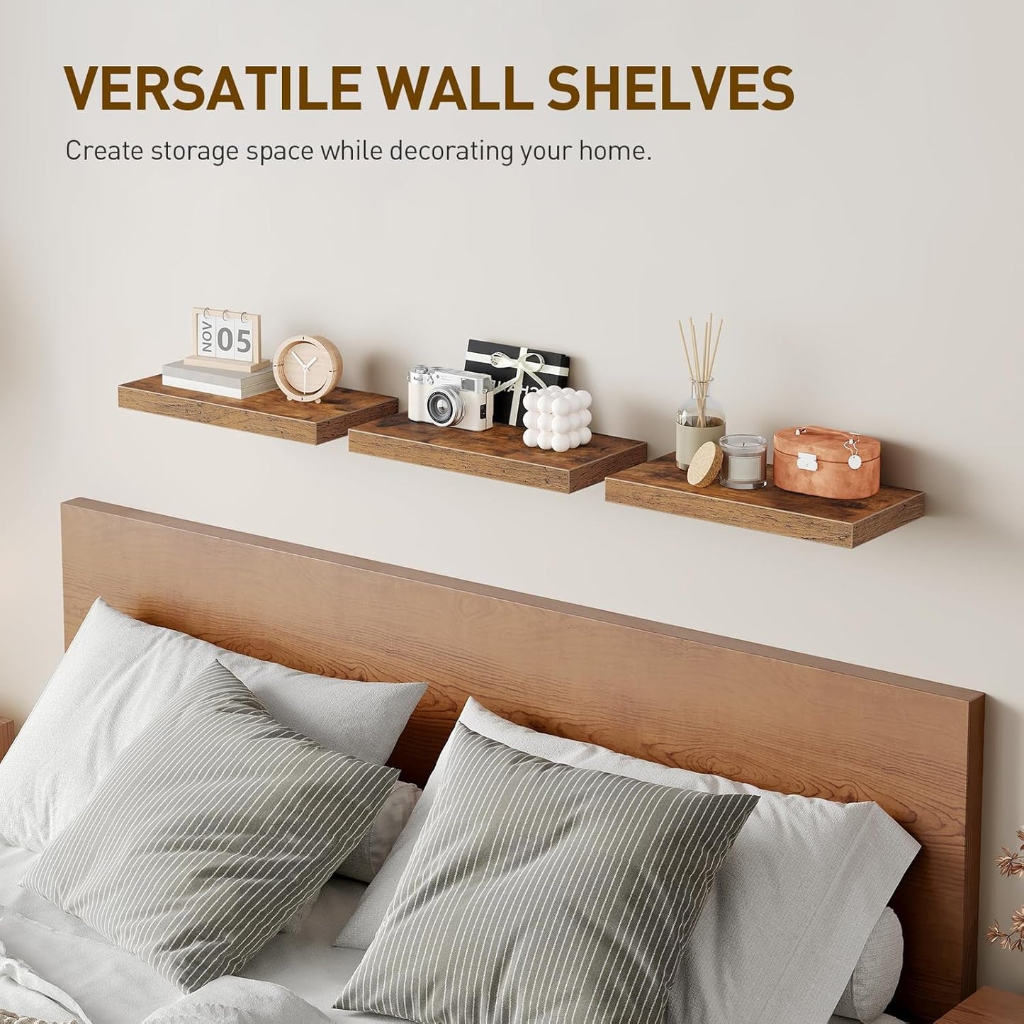 Floating Shelves for Wall, 1.5" Thick Wall Shelf Set of 3 with Invisible Brackets, 15.7L x 7.9W Hanging Shelves Farmhouse Home Decor for Bathroom, Living Room, Bedroom, Rustic Brown 4301BJP3BF