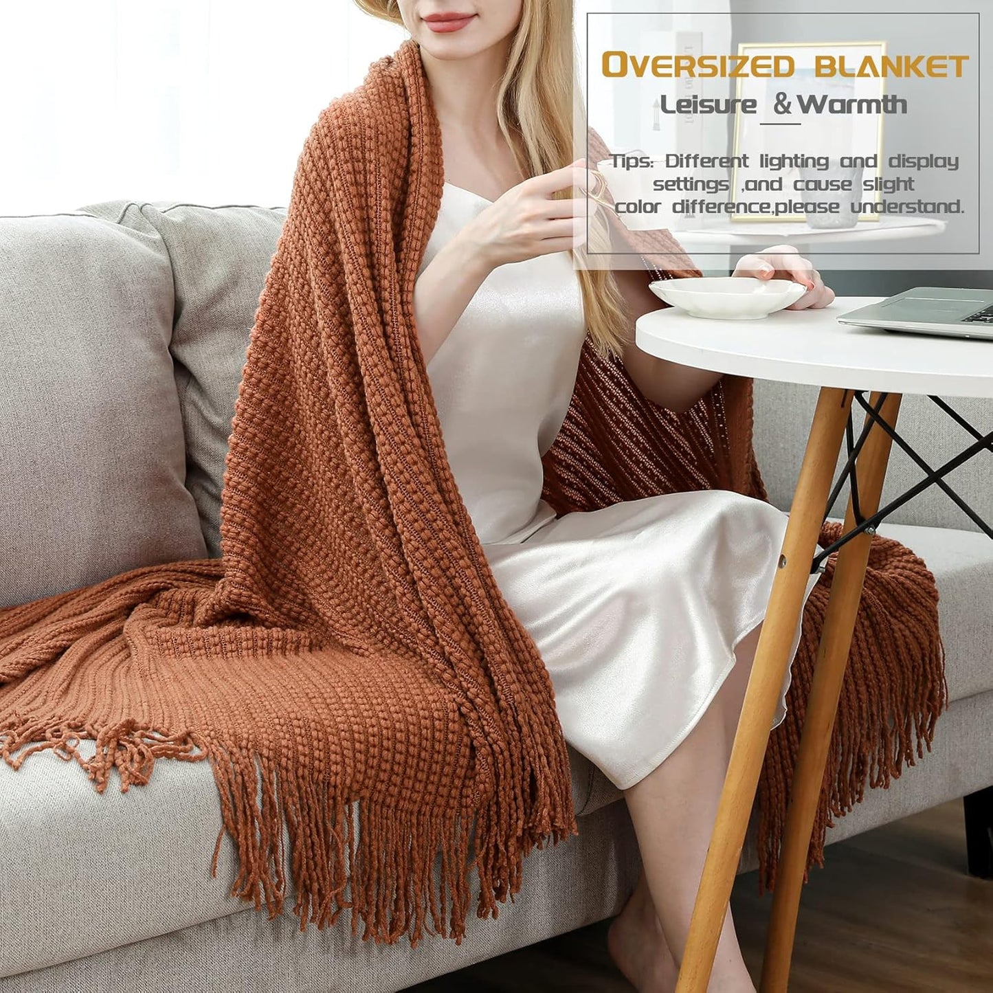 Blagic Knitted Throw Blanket for Couch,Soft Farmhouse Boho Fall Throw Blanket with Tassels,Home Decorative Lightweight Throw Blankets, Orange Rust Throws for Bed/Chair/Sofa, 60" W x 80" L