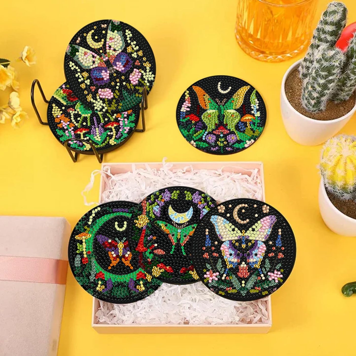 EWJRNSF 10 PCS Diamond Art Coasters Kit, Small Diamond Painting Coasters, Fall Diamond Art Kits for Adults Beginners, Arts and Crafts Supplies Item Sets with Holder Butterfly