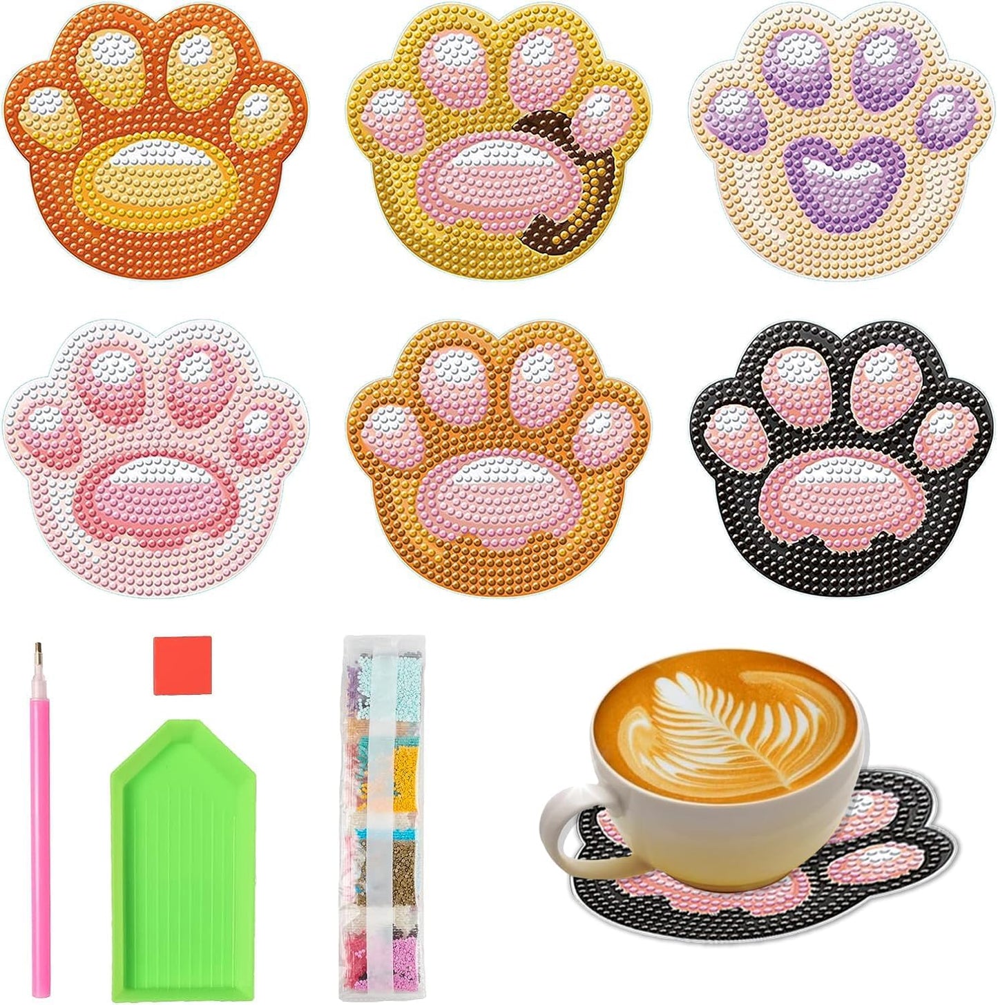 DOZEEZOP 6 PCS Diamond Art Coasters Kit, Diamond Painting Coasters, Fall Diamond Art Kits for Adults Beginners, Arts and Crafts Supplies Party Item Sets Not with Holder Cat's Paw