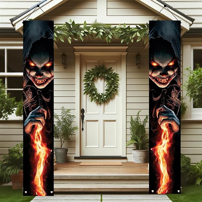 2PCS Halloween Porch Banner Scary Evil Clown Vertical Hanging Decorations for Front Door Outdoor Haunted House Door Sign Spooky Party Wall Decor Trick or Treat Entrance Backdrop 71 x 12 Inch