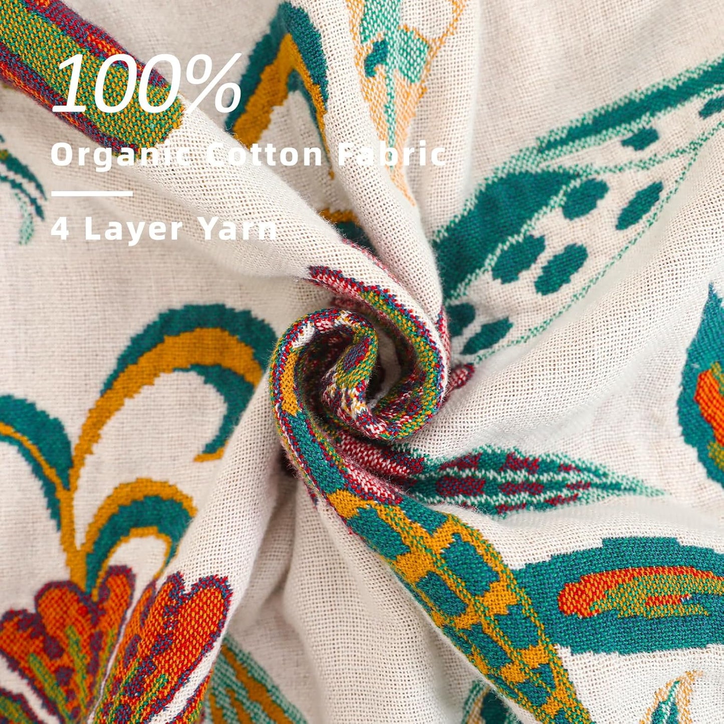 King Boho Throw Blanket for Bed, 100% Cotton Muslin Soft Throw-Floral Farmhouse Rustic Decor Blanket for Couch Sofa Quilt and Gift, 91" x 98"-BeigeWhite