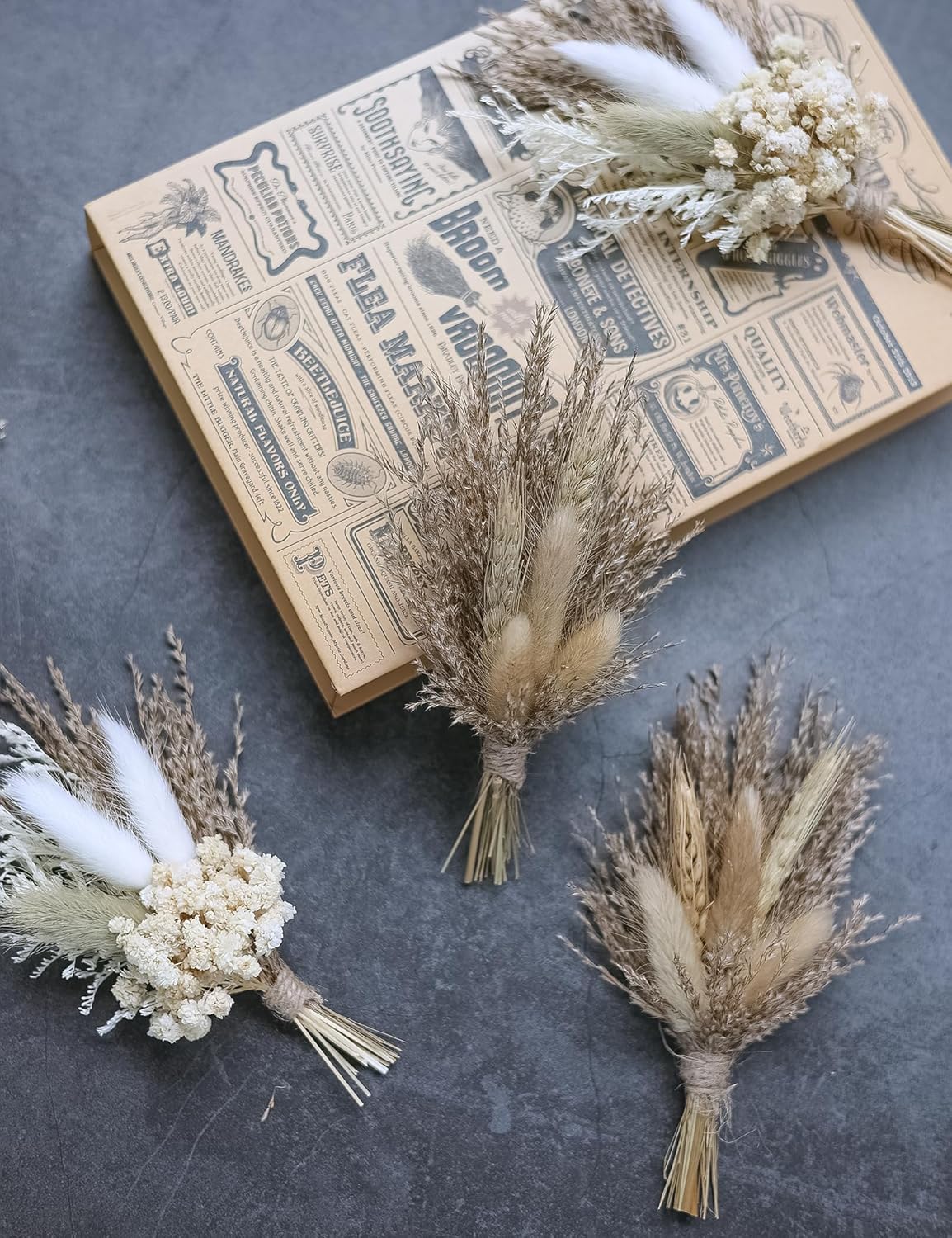 Mini Dried Flower Bouquet (Pack of 6), Dried Flower Bouquet for Boho Wedding Plate Decorations, Dried Pampas Grass, Groom and Best Man Boutonnieres, Dried Cake Flowers.(Grey)