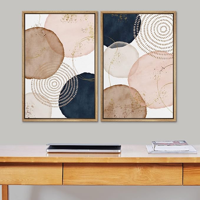 SIGNFORD Framed Wall Art Print Set Pastel Watercolor Vibrant Circle Collage Abstract Shapes Illustrations Modern Minimalist Relax/Calm Multicolor for Living Room, Bedroom, Office - 16"x24"x2 Natural