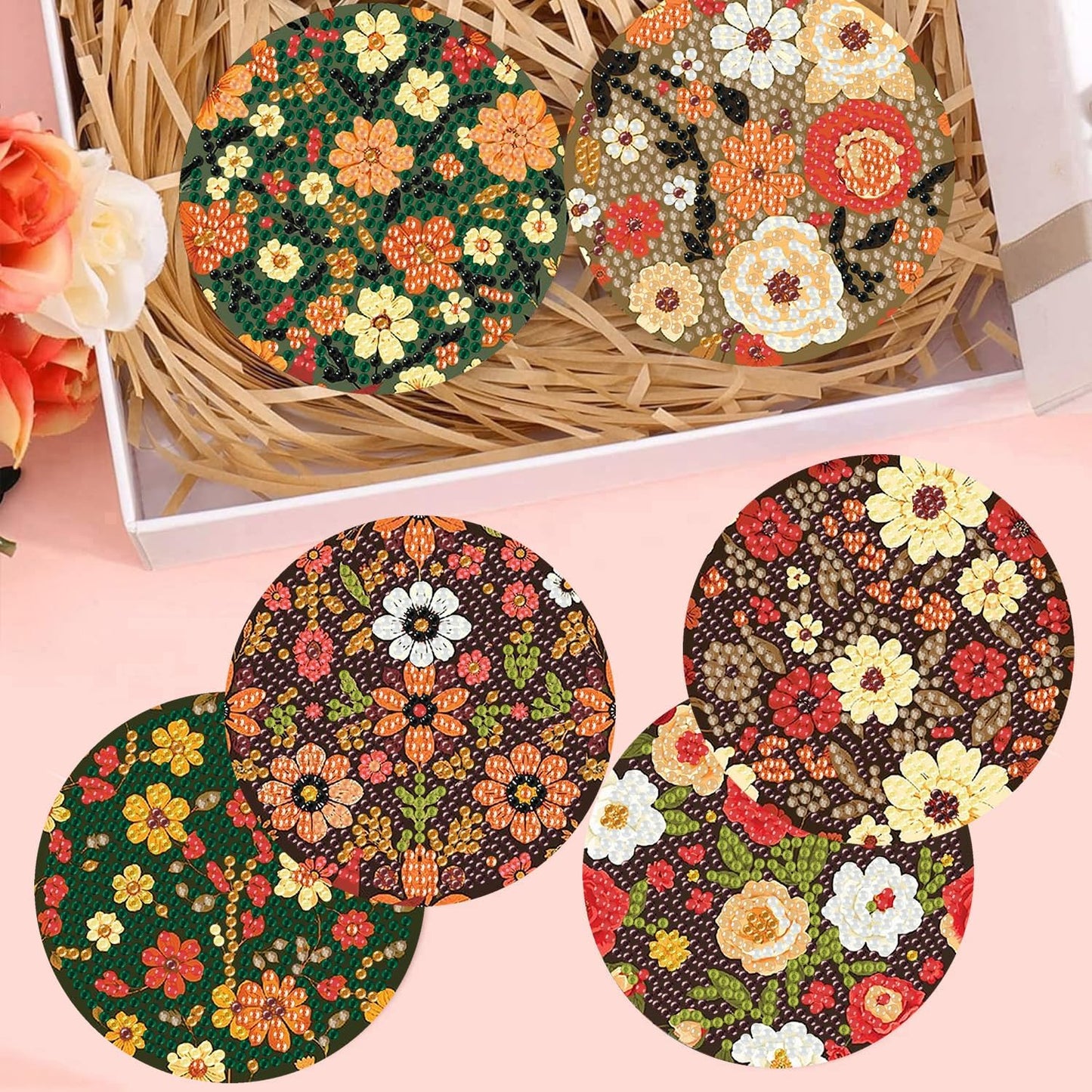 Meothan 8 Pcs Flowers Diamond Art Coasters Kits for Adults with Holder Cork Pads, Floral Diamond Dots Art Painting Coasters Crafts Kit for Home Office Decor (4x4in)