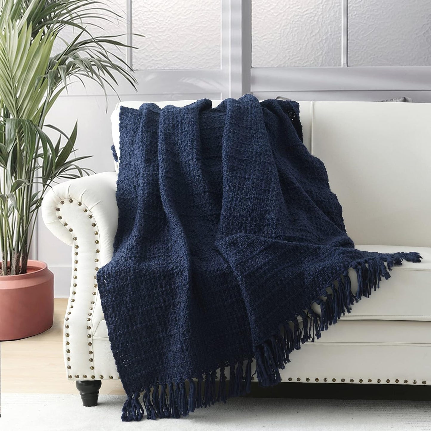 Chunky Knit Throw Blanket, Navy Blue Soft Warm Cozy Bed Blanket with Tassels, Boho Style Textured Knitted Home Decorative for Couch, Sofa &Bed, 50"x60"