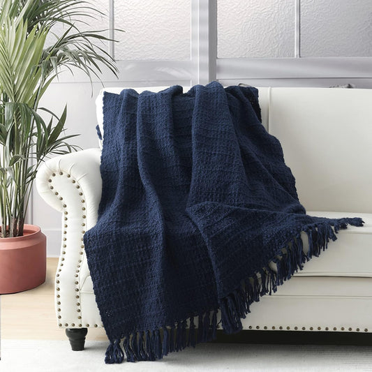 Chunky Knit Throw Blanket, Navy Blue Soft Warm Cozy Bed Blanket with Tassels, Boho Style Textured Knitted Home Decorative for Couch, Sofa &Bed, 50"x60"