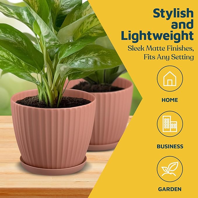 Pink 6-Inch Plant Pots with Drainage & Saucers 12 Pack, Indoor & Outdoor Planters for Houseplants, Herbs, and Flowers, Durable & Weatherproof Material, Stackable, Lightweight, Minimalist Design
