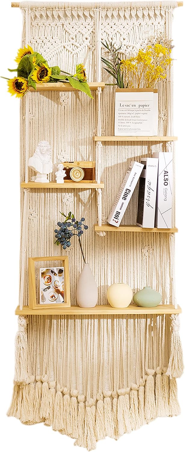 jontell Macrame Wall Hanging Shelf- Macrame Shelves Handmade Decorative Floating Boho Shelf-Plant Shelf Display Rack to Organize and Decor for Living Room, Bedroom, Bathroom…