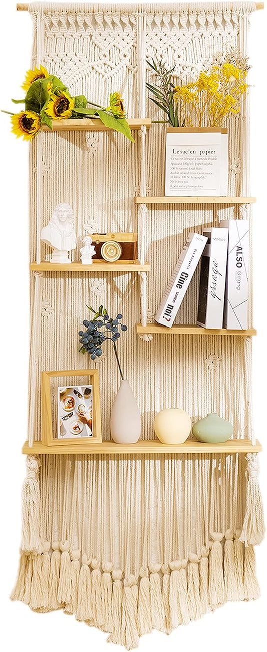 jontell Macrame Wall Hanging Shelf- Macrame Shelves Handmade Decorative Floating Boho Shelf-Plant Shelf Display Rack to Organize and Decor for Living Room, Bedroom, Bathroom…