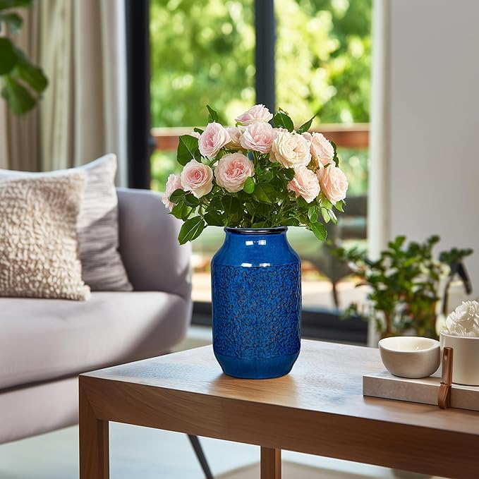 Blue Vase for Decor, 9 inch Ceramic Flower Vase, Modern Decorative Vases Home Decor, Bathroom Bedroom Office Living Room Shelf Decoration