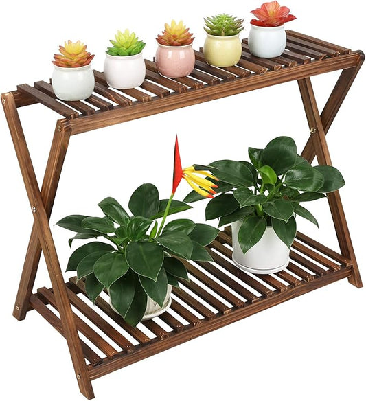 Wood Plant Stand Indoor Outdoor 2 Tiers Flower Stand Corner Stepped Planter Shelf Rack Flowerpot Holder for Plant Display in Patio Balcony Entryway Porch Livingroom (Classic X-Cross Design)