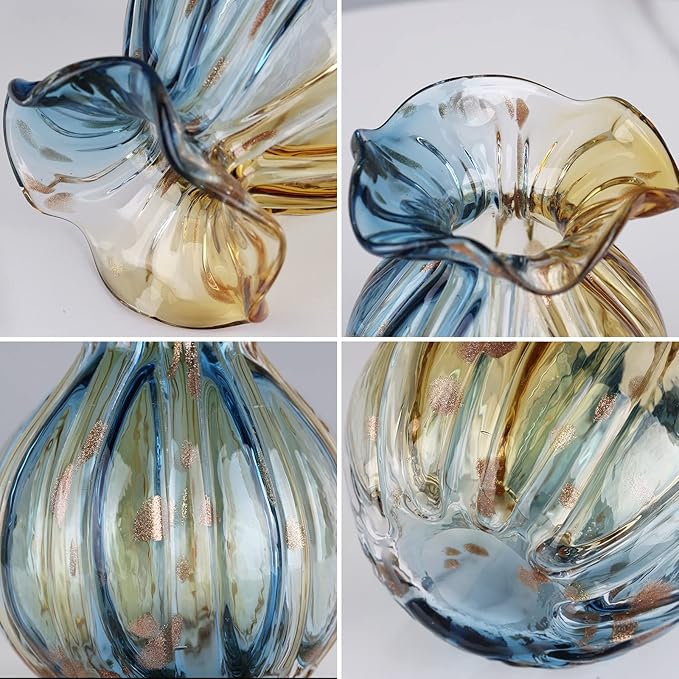 Blown Gradient Glass Art Vase - Transparent, Unique, Modern Art - Wide Mouth for Living Room, Wedding, Dining Table, Office Center Table Display Flower