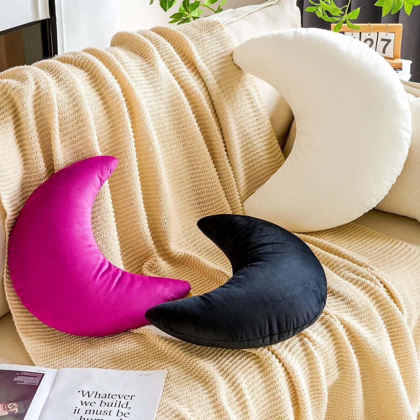 Fuchsia Moon Pillow, 14.9" Cute Soft Velvet Half Moon Shape Plush Decorative Throw Pillows Cushions Room Decor for Couch Bedroom Living Room