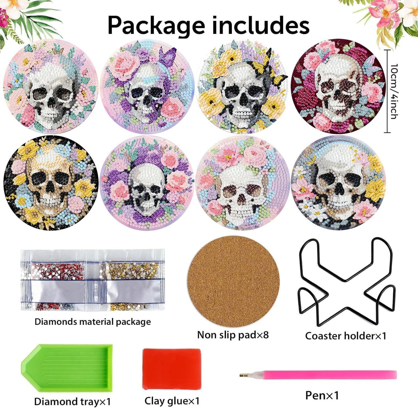 Meothan 8 Pcs Diamond Art Coasters Kits for Adults with Holder Cork Pads, Skull Flowers Diamond Dots Art Painting Coasters Crafts Kit for Home Office Decor (4x4in)