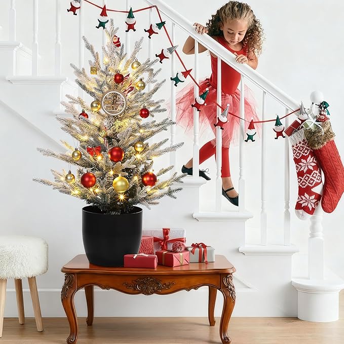3 Ft Pre-Lit Christmas Tree, Artificial Christmas Trees with Lighting, Xmas Trees with Lights, Christmas Decoration for Home, Office, Easy Assembly