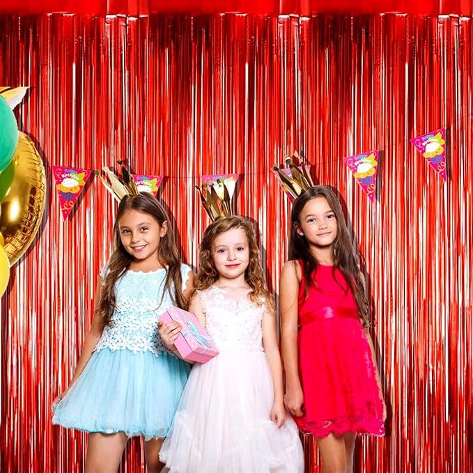 4 Pack Red Foil Fringe Curtain Backdrop, 3.28Ft x 9.84Ft Metallic Tinsel Foil Fringe Streamers Curtains for Party, Photo Booth Props, Birthday, 2022 Graduation Decoration Supplies
