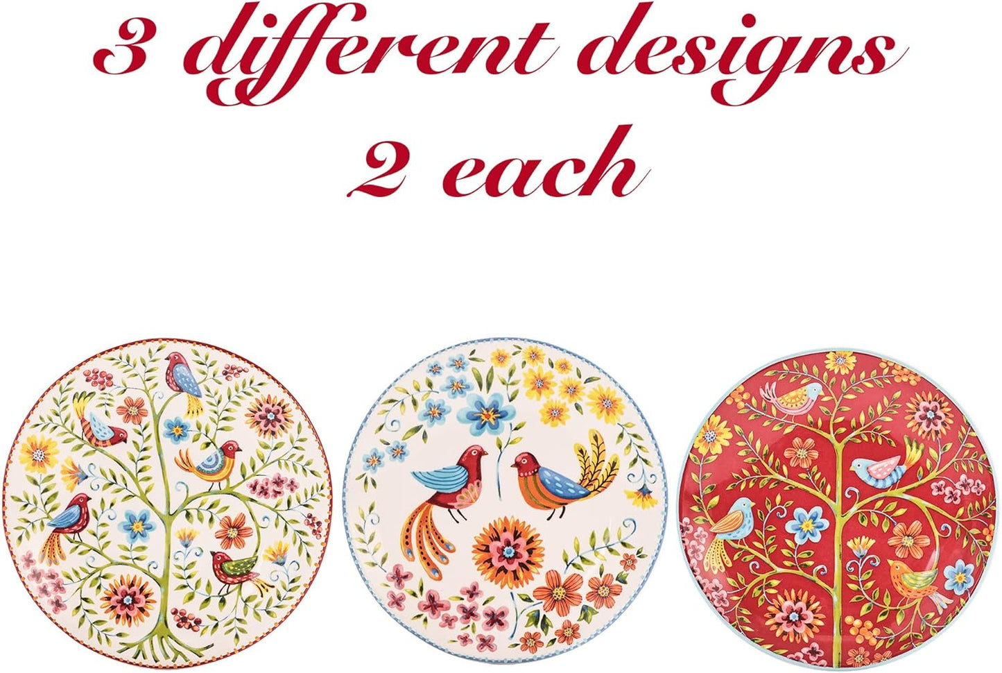 Bico Red Spring Bird Appetizer Plates Set of 6, 6 Inch Small Ceramic Dessert Plates for Snacks, Salad, Tablescape, Microwave and Dishwasher Safe, Gift for Housewarming and Thanksgiving