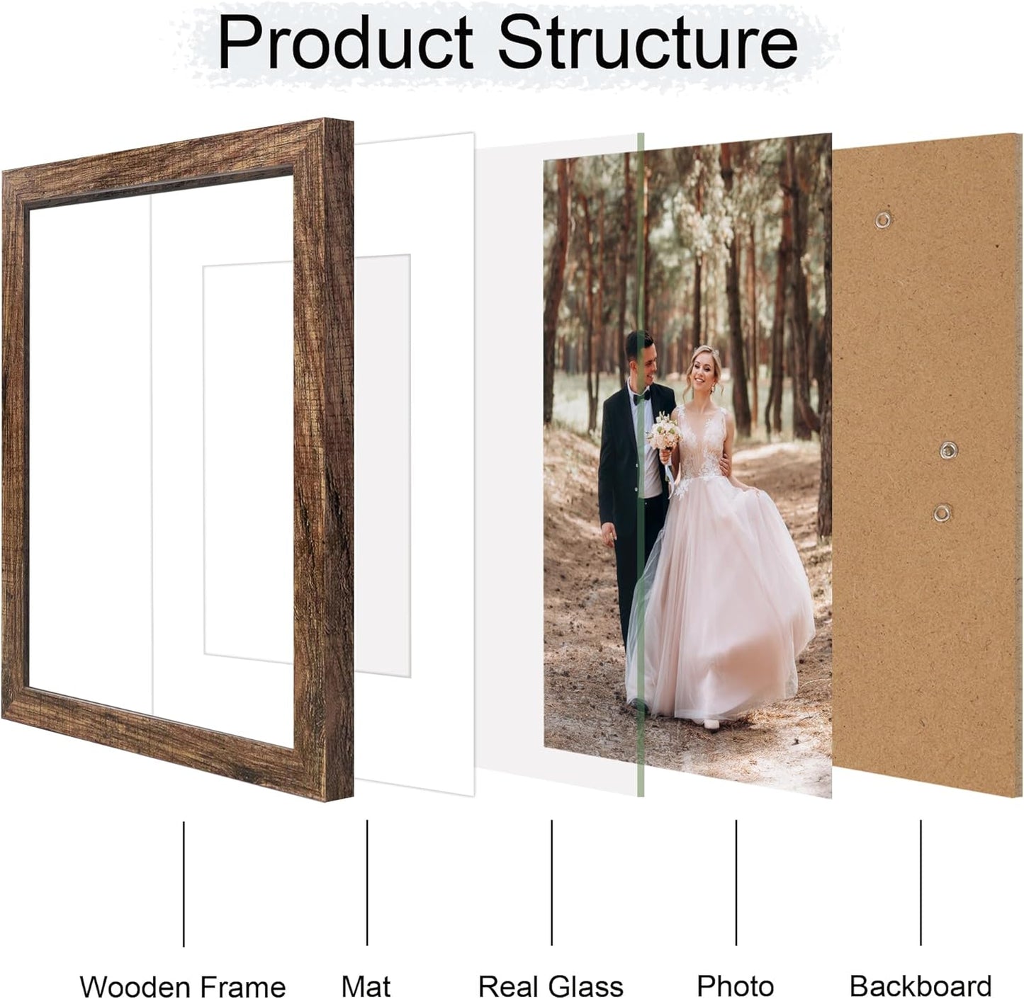 iRahmen 11x14 Picture Frame Set of 4 with Tempered Glass, Rustic Frame Display 8x10 Pictures with Mat or 11 x 14 Without Mat, Wooden Photo Frames for Wall Mounting